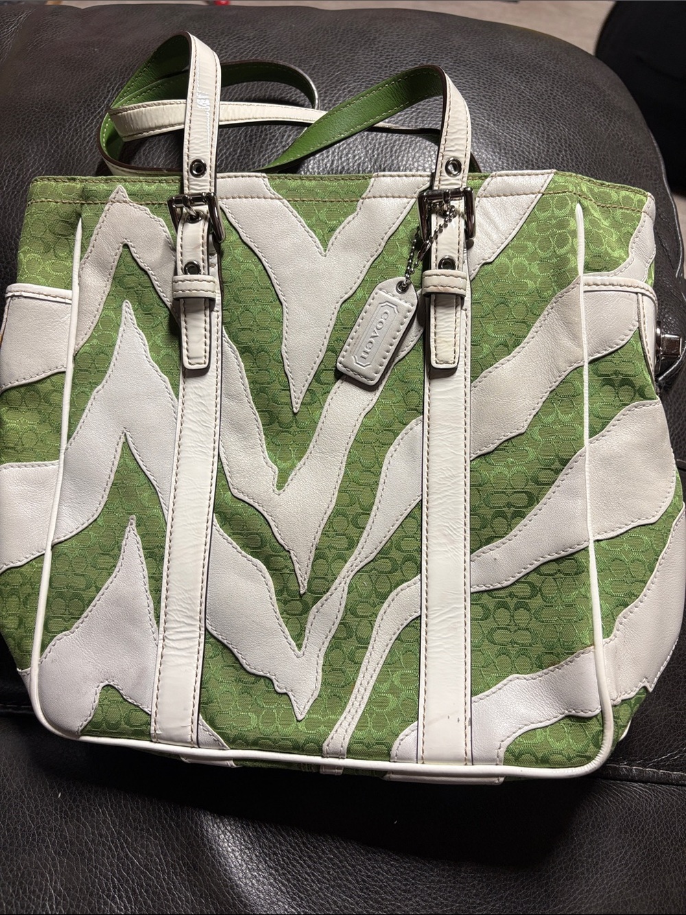 Coach Green and White Zebra-Pattern Tote